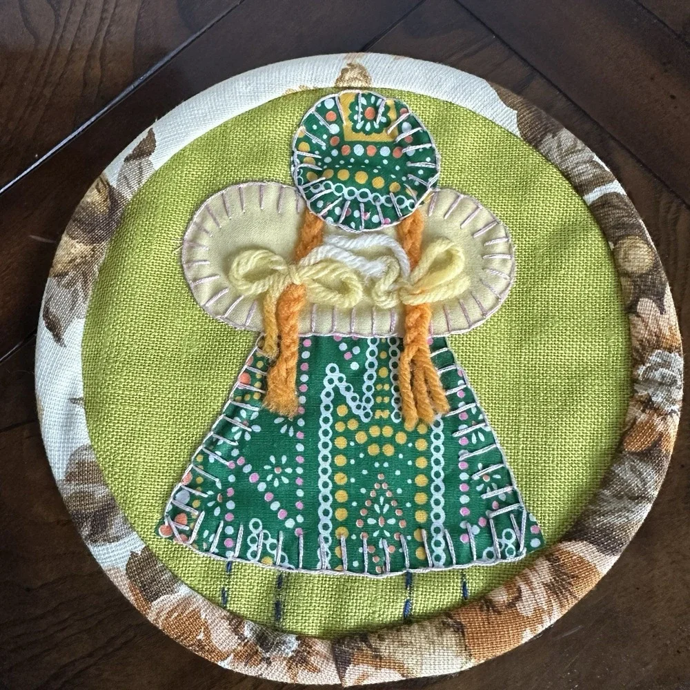 VTG‎ Appliqué Hanging Potholder's  7.5 Inch Embroidered Girl Boy Multi Folk Art